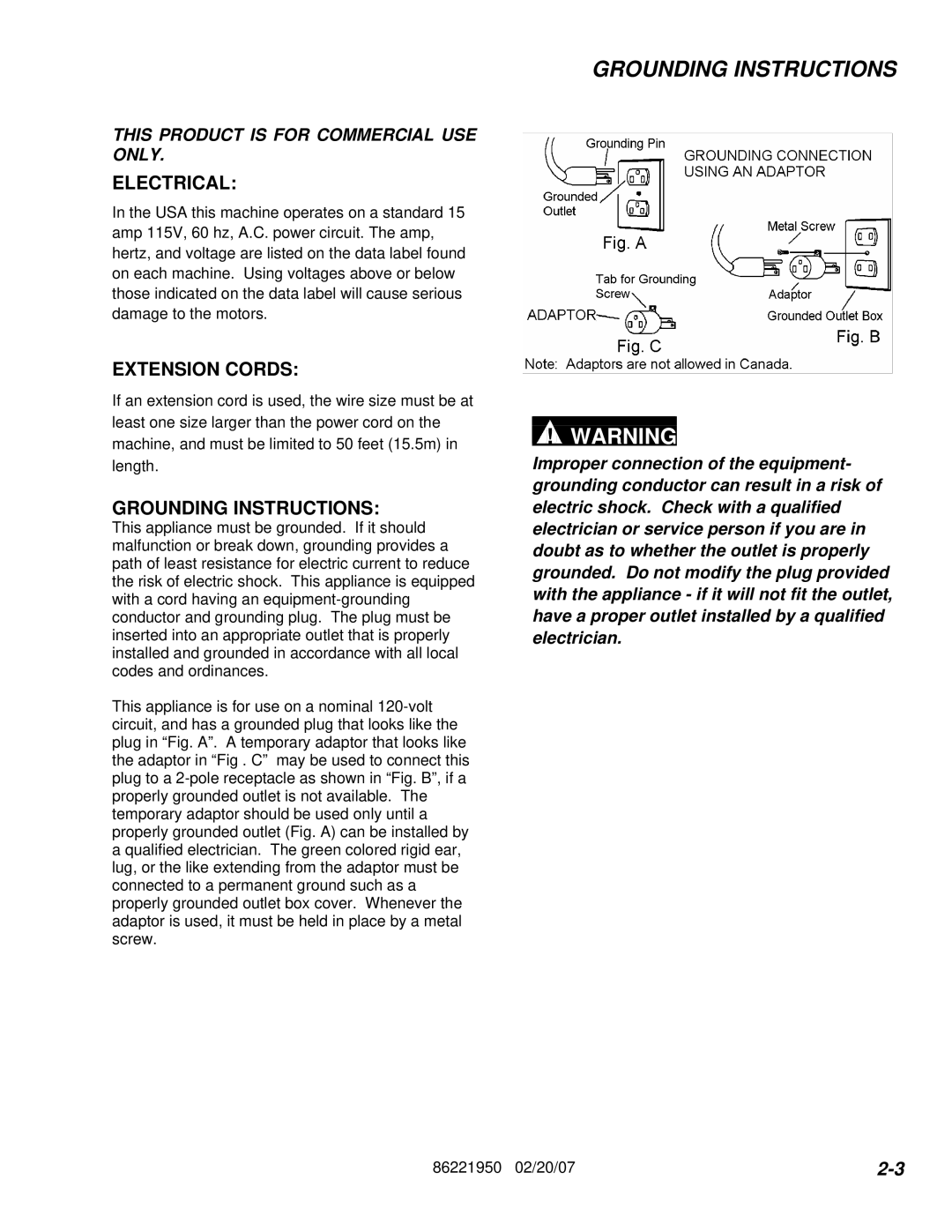 Windsor 86221950 manual Grounding Instructions, Electrical 