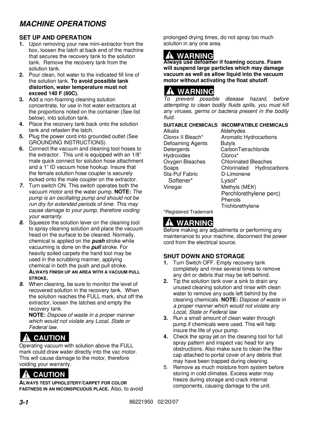 Windsor 86221950 manual Machine Operations, Grounding Instructions 