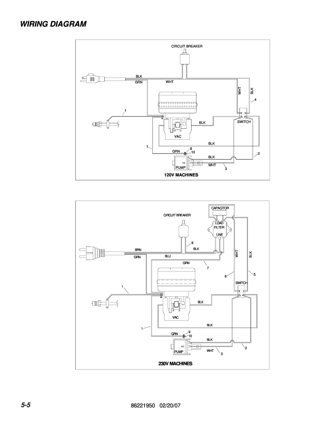 Windsor 86221950 manual Wiring Diagram, 230V MACHINES, 120V MACHINES 