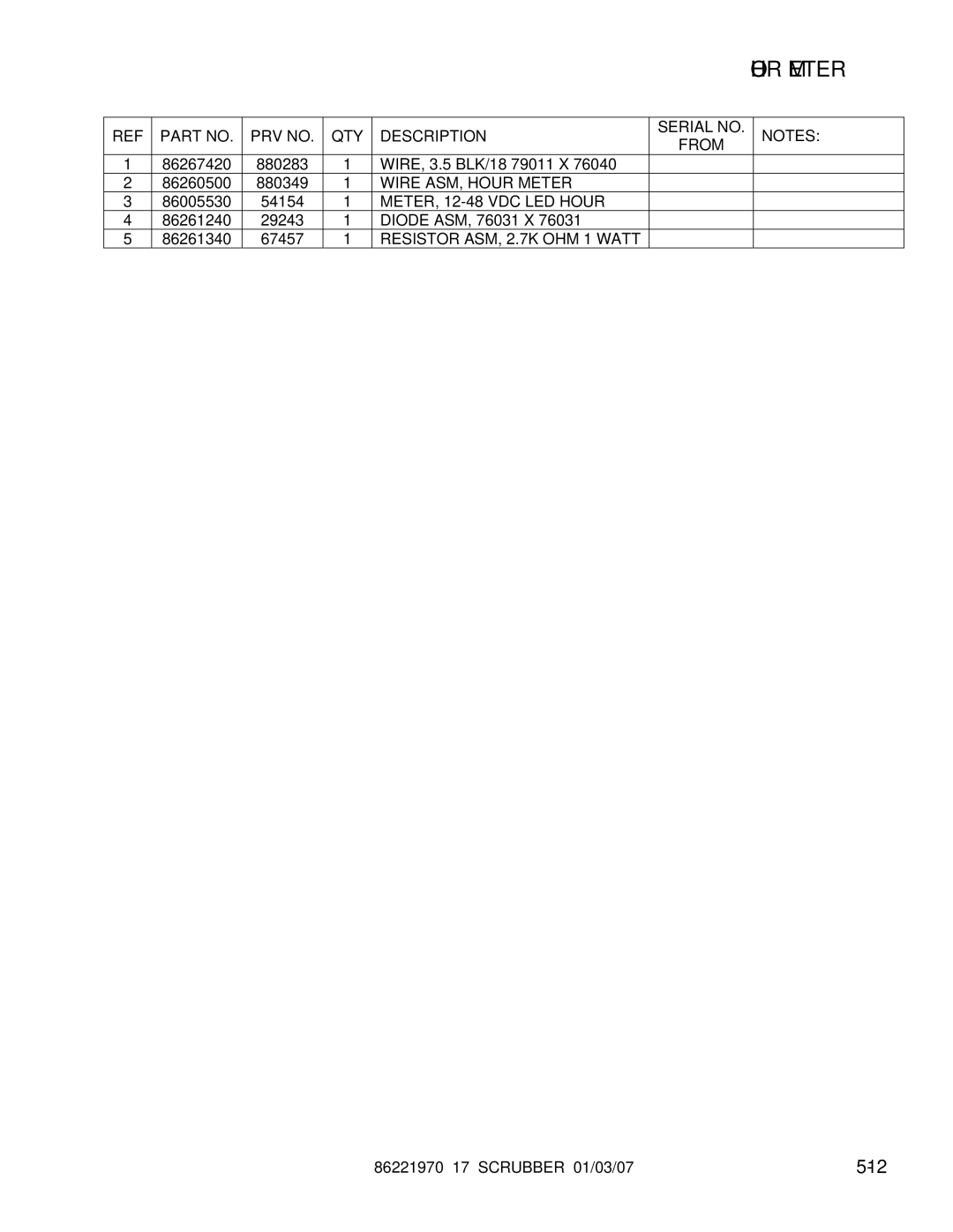 Windsor 86221970 PRV no QTY Description, Wire ASM, Hour Meter, METER, 12-48 VDC LED Hour, Resistor ASM, 2.7K OHM 1 Watt 