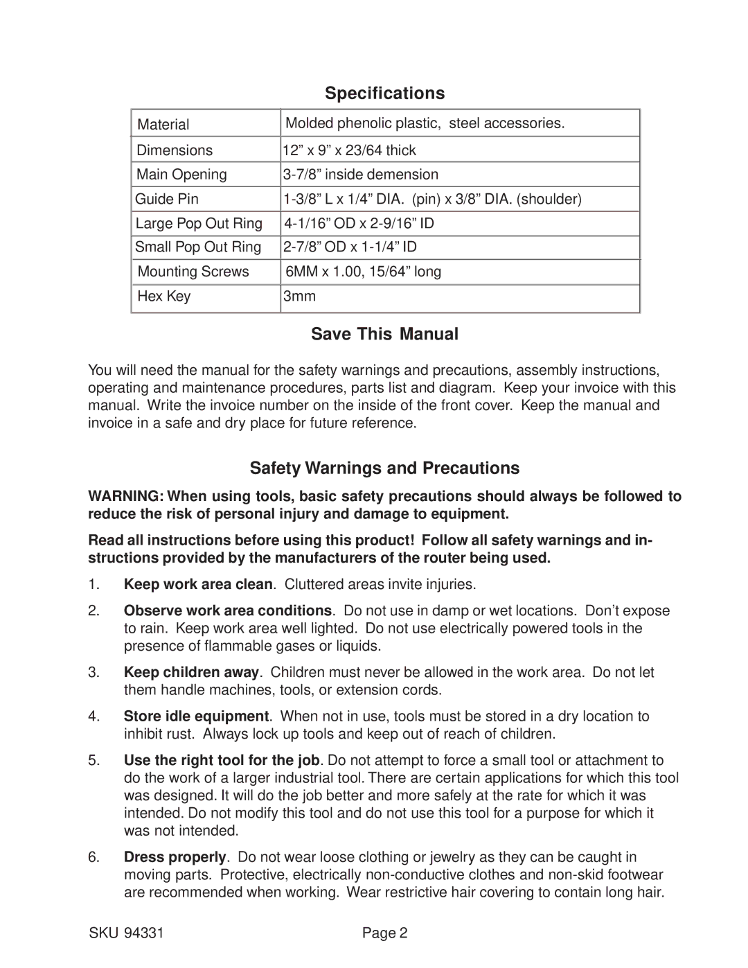 Windsor 94331 operating instructions Specifications, Save This Manual, Safety Warnings and Precautions 