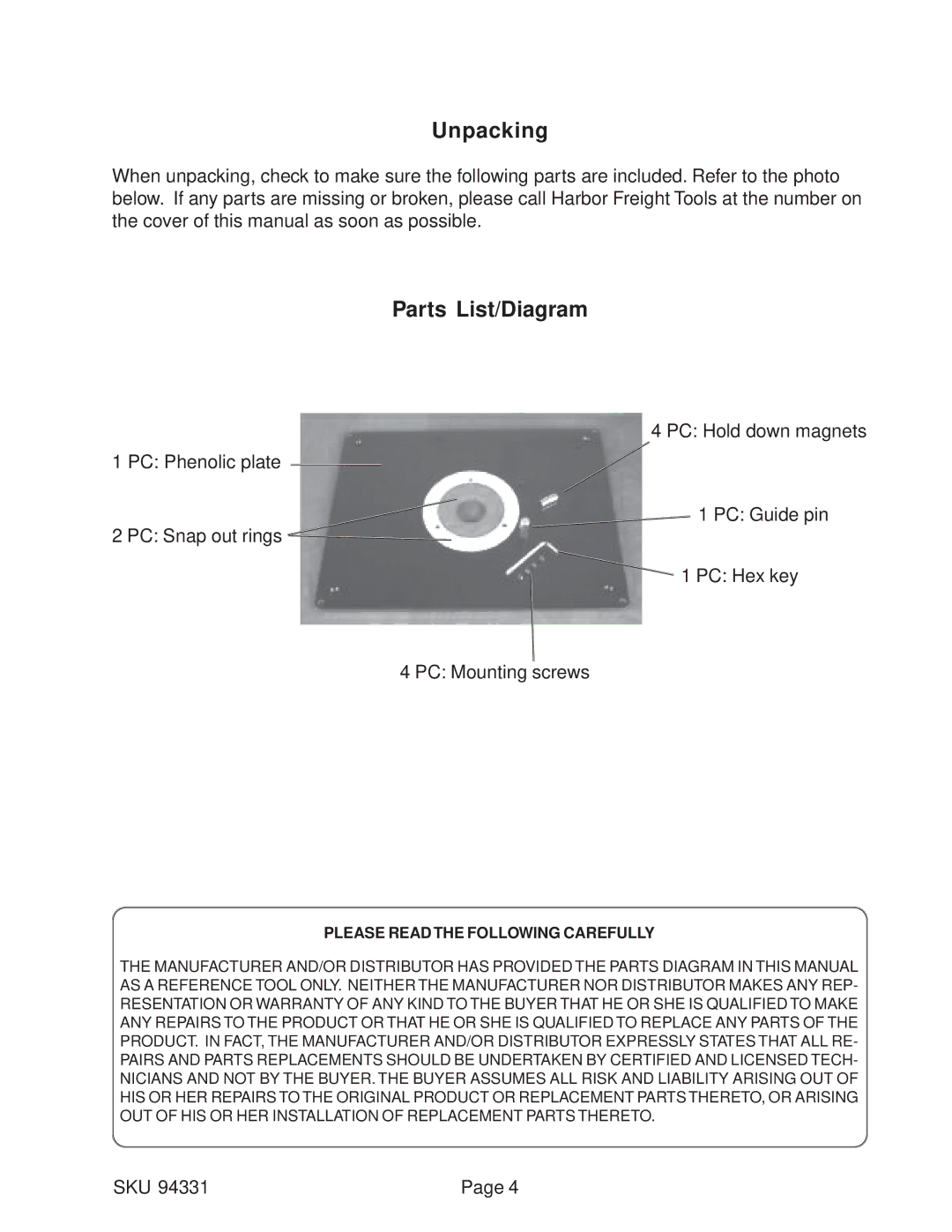 Windsor 94331 operating instructions Unpacking, Parts List/Diagram 