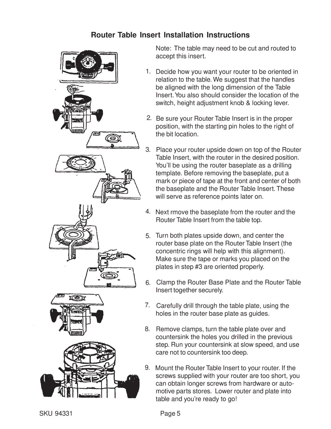 Windsor 94331 operating instructions Router Table Insert Installation Instructions 