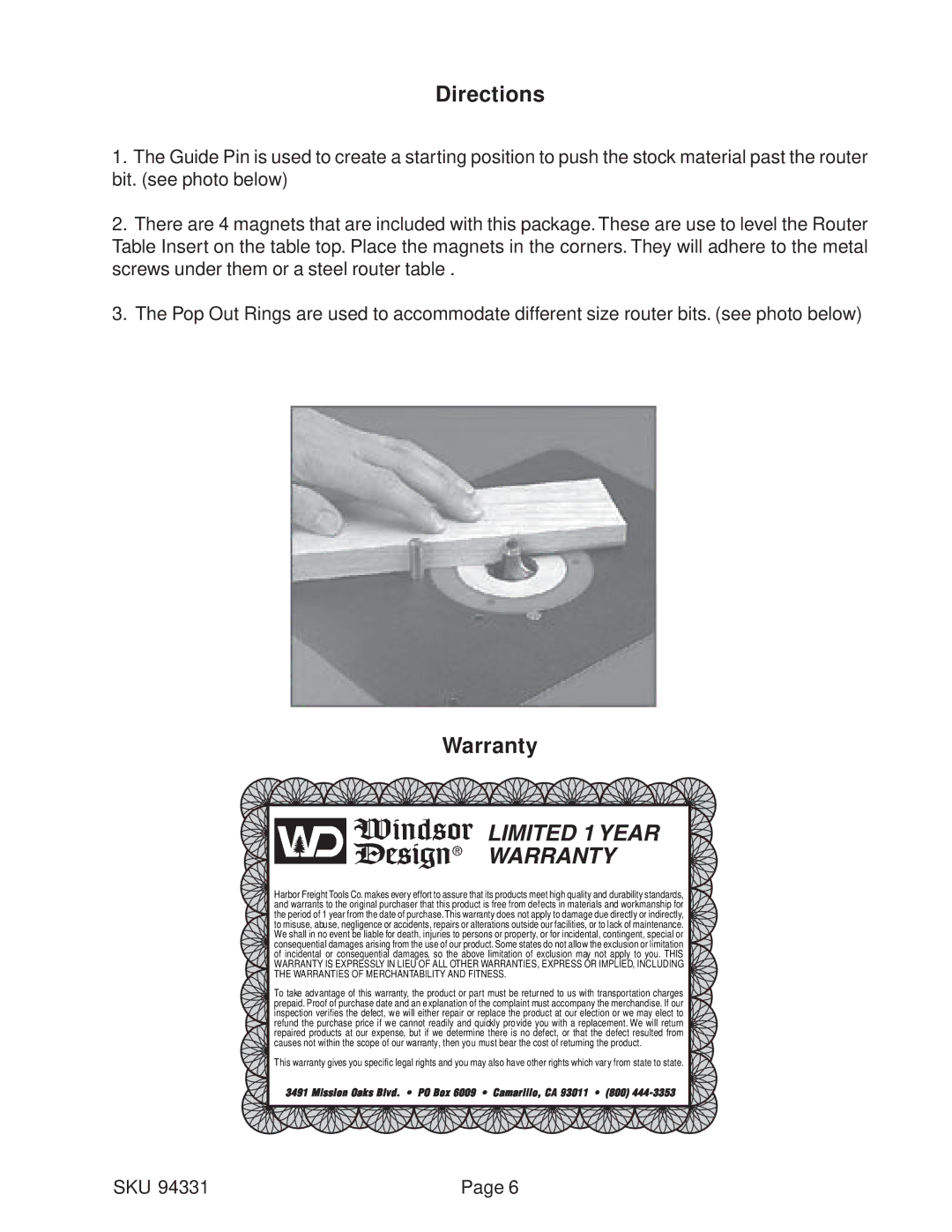 Windsor 94331 operating instructions Directions, Warranty 