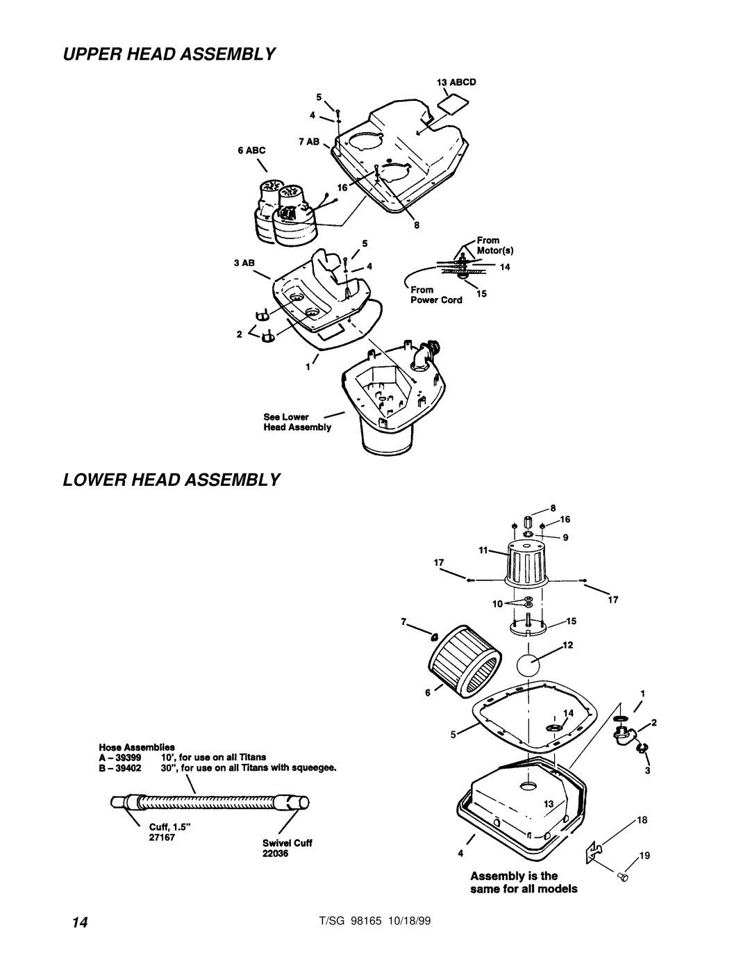 Windsor 98165 warranty Upper Head Assembly Lower Head Assembly 