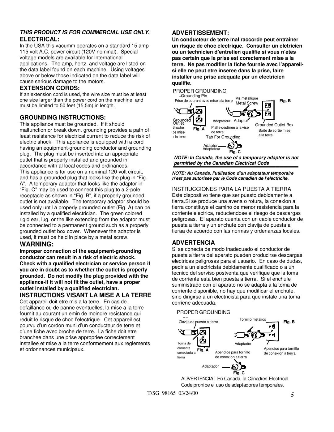 Windsor 98165 warranty Electrical 