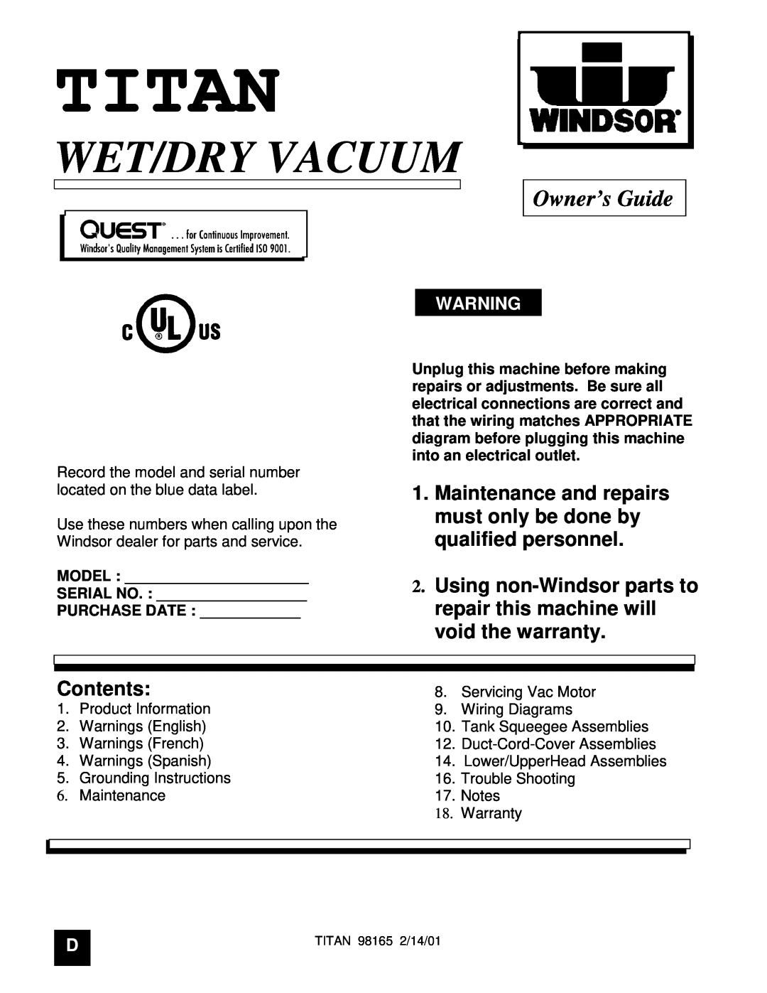 Windsor 98165 warranty Titan, Wet/Dry Vacuum, Owner’s Guide 