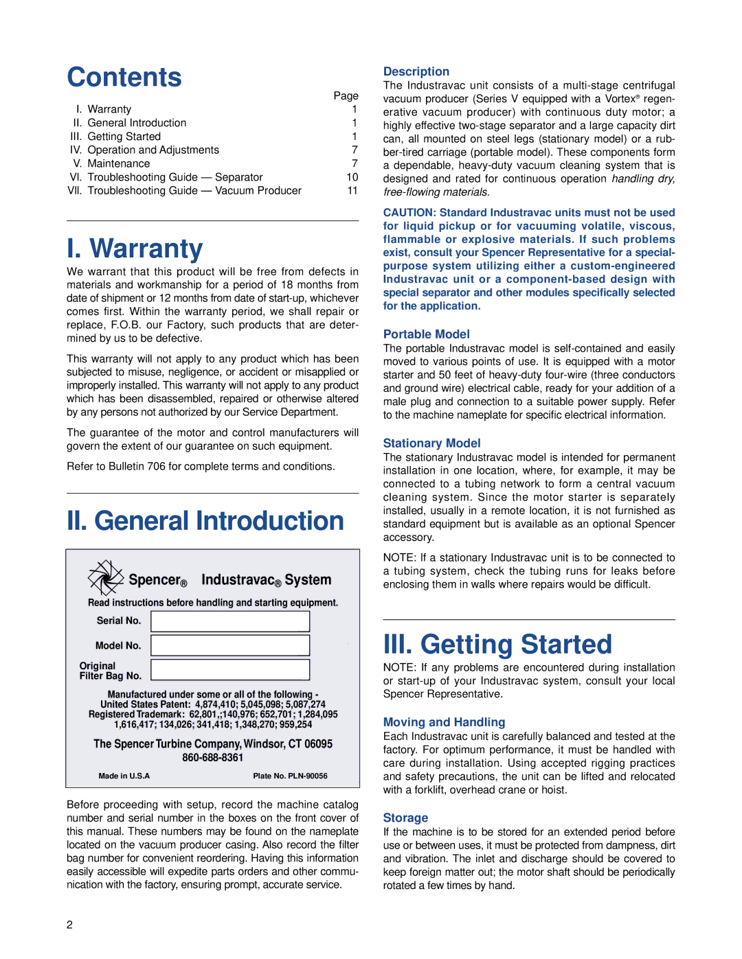 Windsor Model B, A, Model V, Model D, Model C Contents, Warranty, II. General Introduction, III. Getting Started 