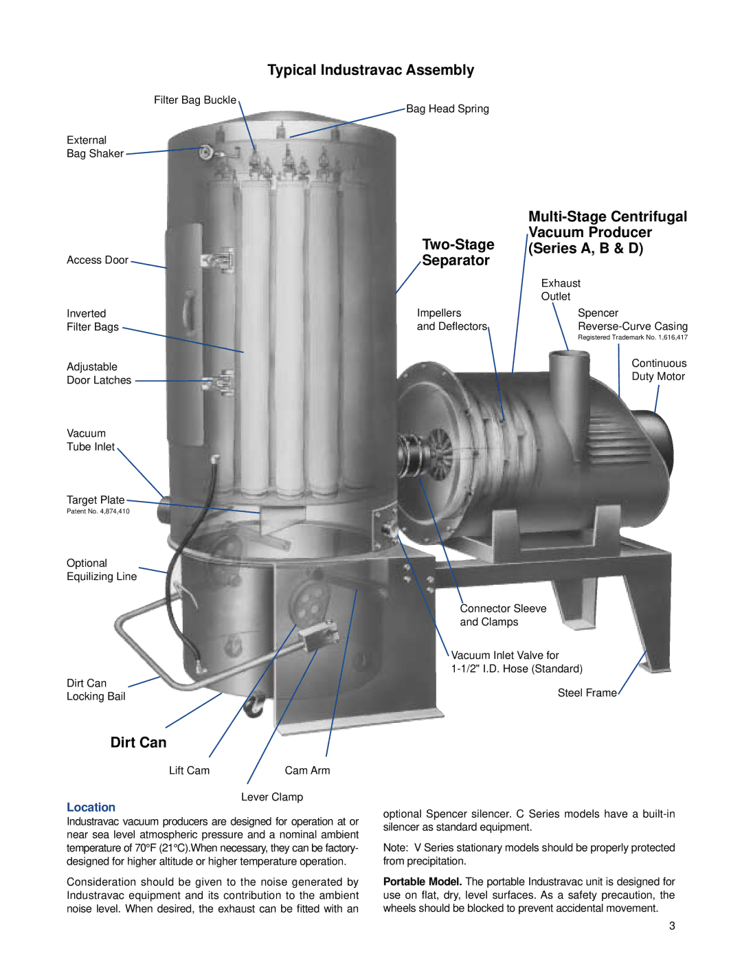 Windsor Model D, Model V, Model B, Model C operating instructions Typical Industravac Assembly, Location 