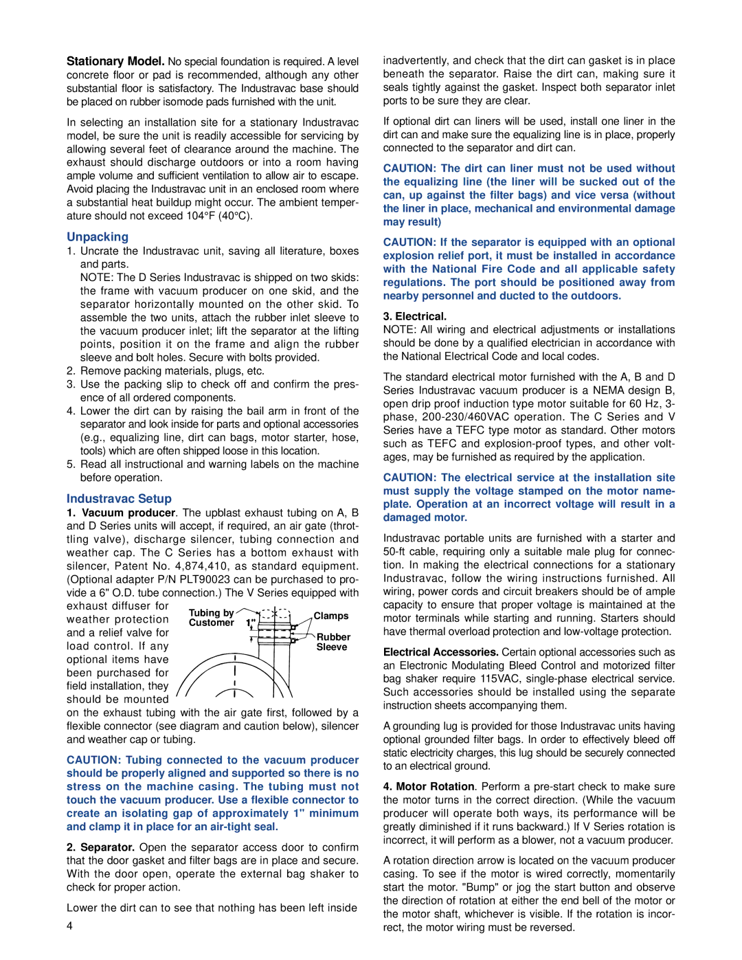 Windsor Model C, A, Model V, Model B, Model D operating instructions Unpacking, Industravac Setup, Electrical 