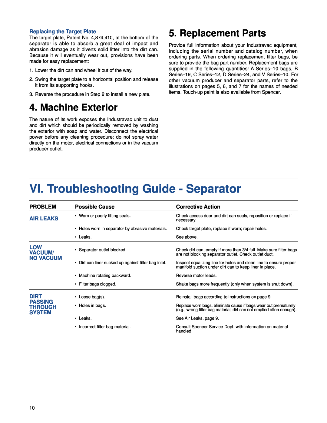 Windsor A VI. Troubleshooting Guide - Separator, Replacement Parts, Machine Exterior, Replacing the Target Plate, Problem 