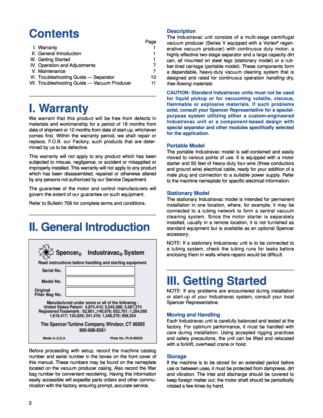 Windsor Model B Contents, I. Warranty, II. General Introduction, III. Getting Started, Spencer Industravac System, Storage 