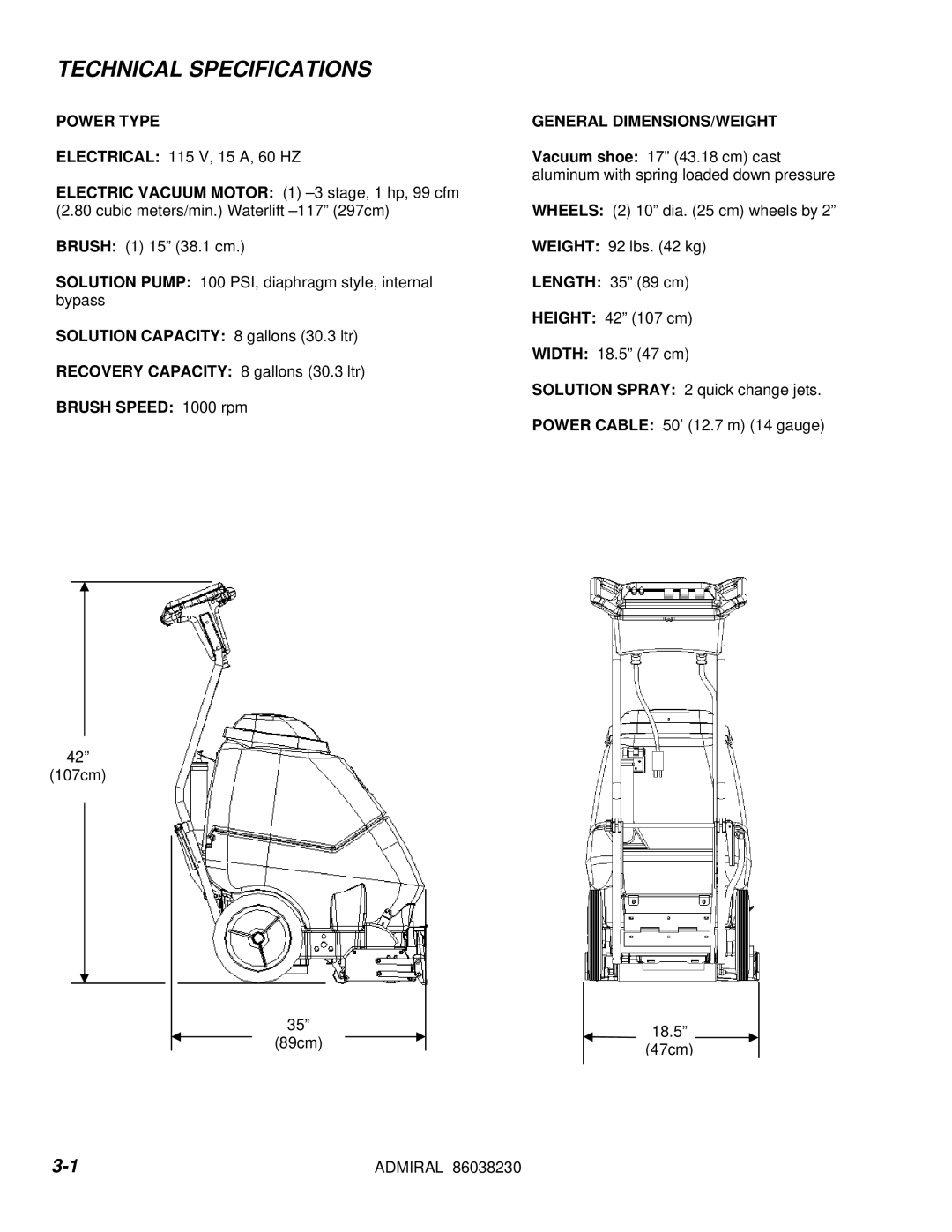 Windsor ADM8 10080170 manual Technical Specifications, Power Type 