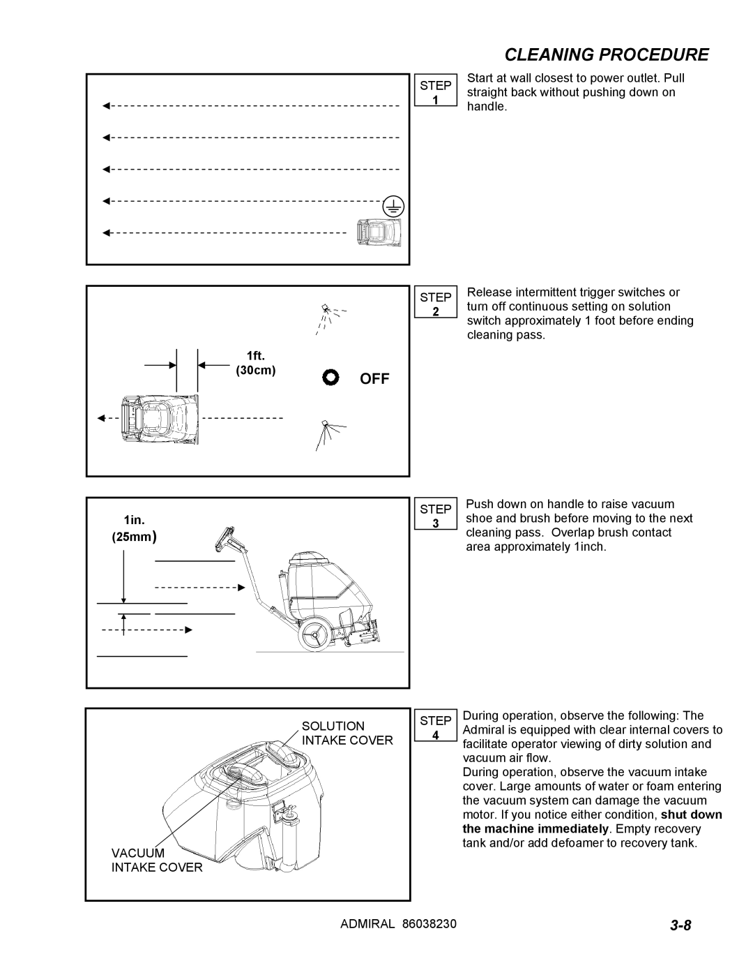 Windsor ADM8 10080170 manual Cleaning Procedure, Off, Solution Intake Cover Vacuum Step 