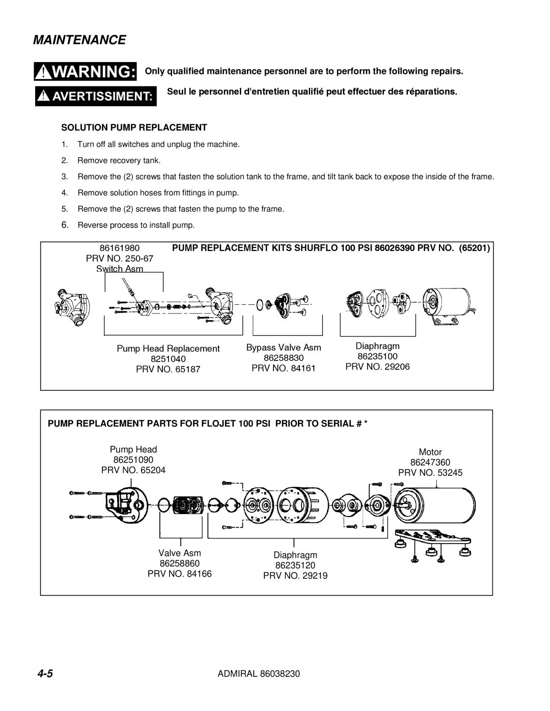 Windsor ADM8 10080170 manual Pump Replacement Parts for Flojet 100 PSI Prior to Serial # 