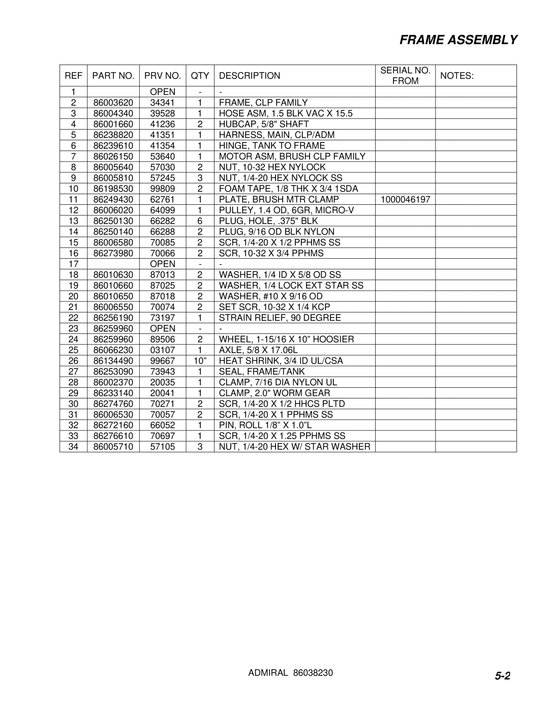 Windsor ADM8 10080170 PRV no QTY Description Serial no From Open, FRAME, CLP Family, HUBCAP, 5/8 Shaft, Seal, Frame/Tank 