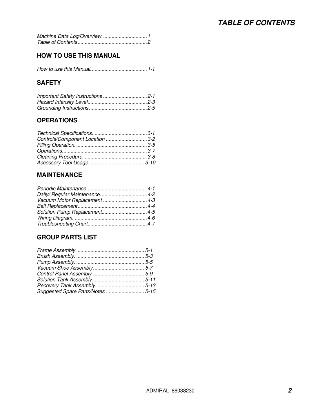 Windsor ADM8 10080170 manual Table of Contents 