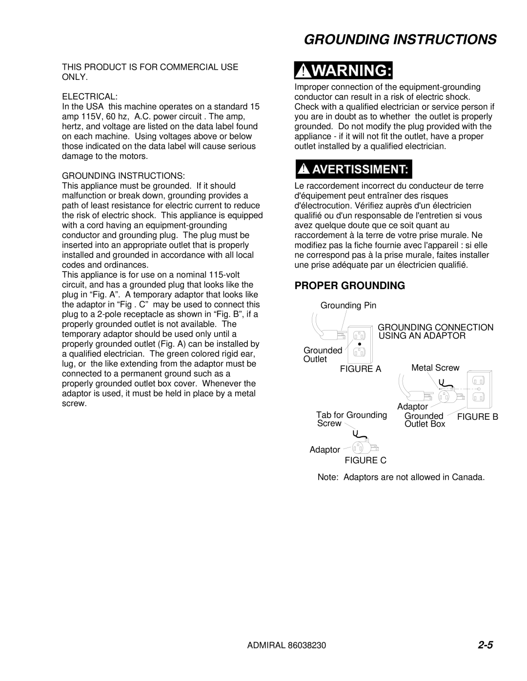 Windsor ADM8 10080170 manual Proper Grounding, This Product is for Commercial USE only Electrical, Grounding Instructions 