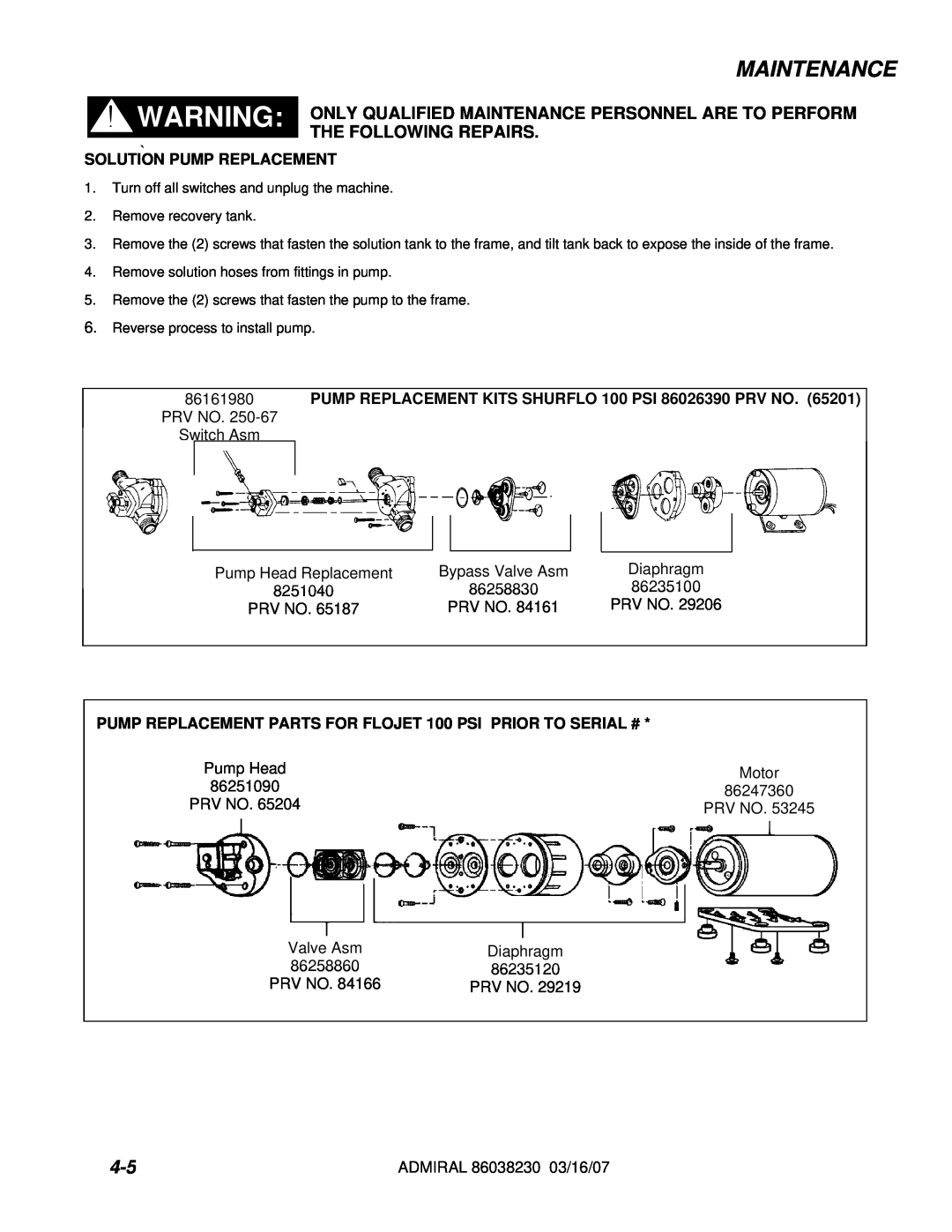 Windsor ADM8, 10080170 operating instructions Maintenance, Solution Pump Replacement 