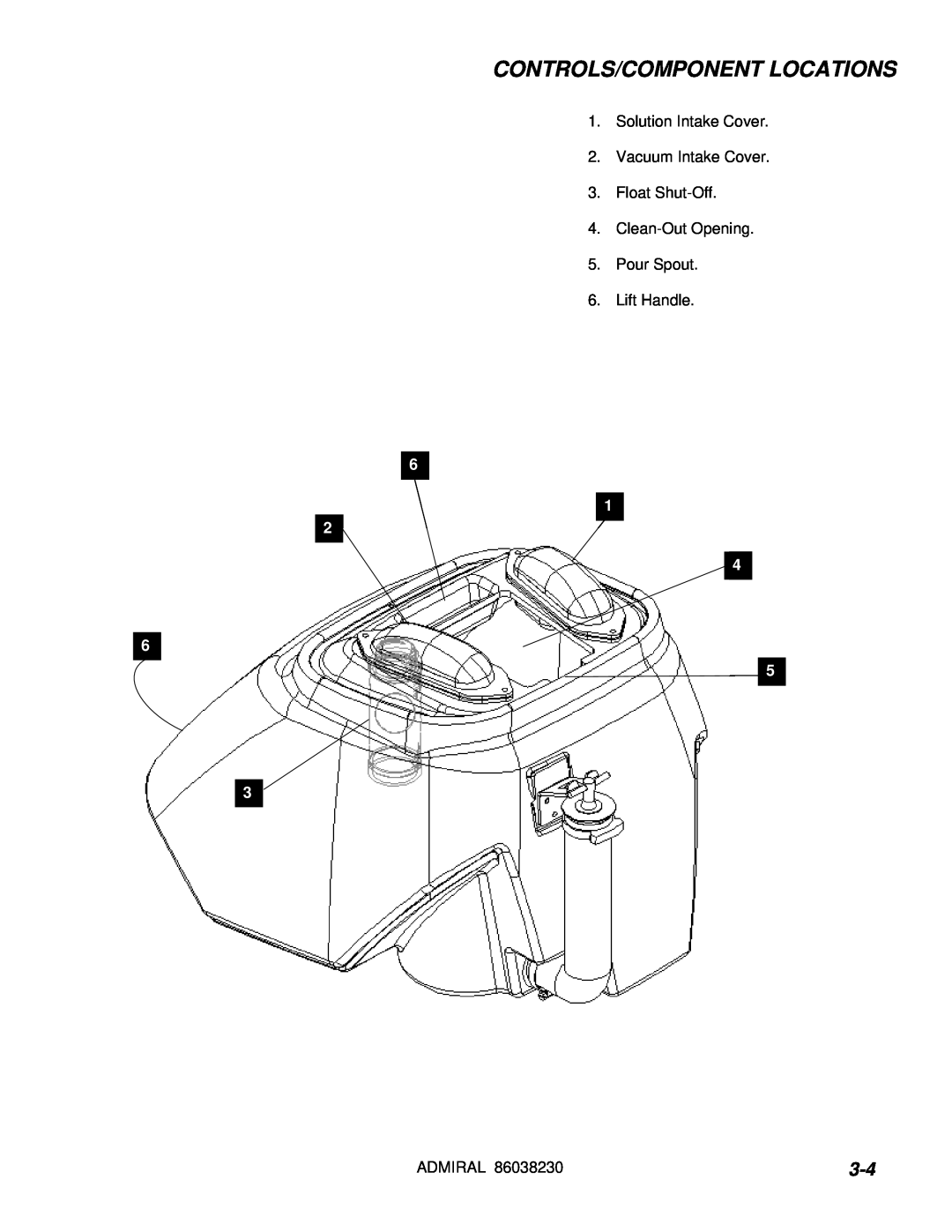 Windsor ADM8 10080170 Controls/Component Locations, Solution Intake Cover 2.Vacuum Intake Cover, Lift Handle, Admiral 