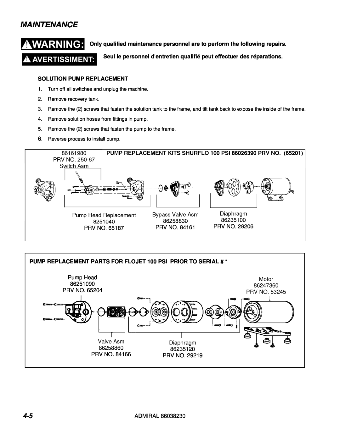 Windsor ADM8 10080170 manual Maintenance, Solution Pump Replacement 