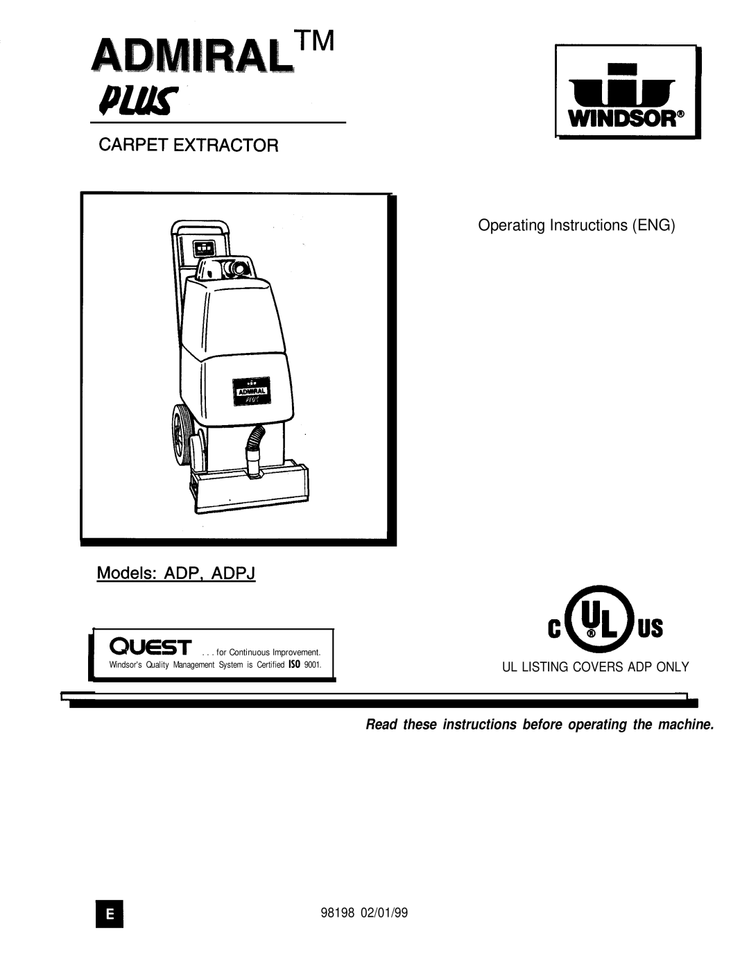 Windsor ADPJ manual Carpet Extractor 