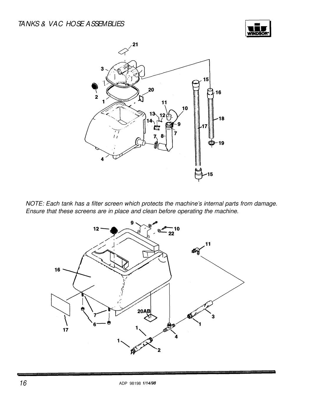 Windsor ADPJ manual Tanks & VAC Hose Assemblies 