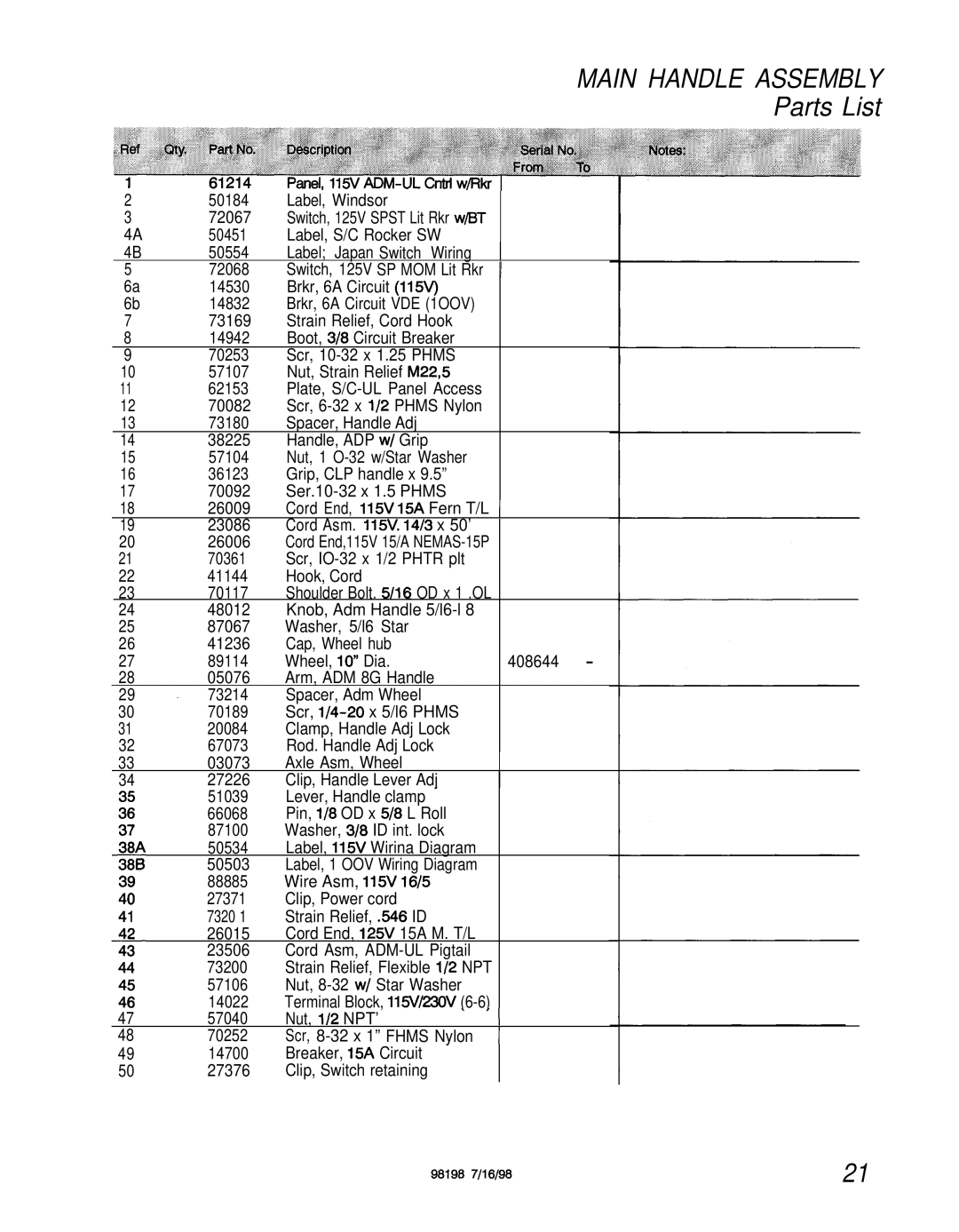 Windsor ADPJ manual Main Handle Assembly, Parts List 