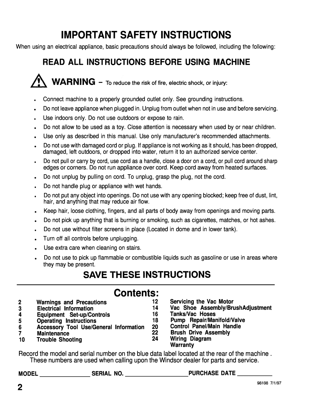 Windsor ADP Read All Instructions Before Using Machine, Important Safety Instructions, Contents, Save These Instructions 