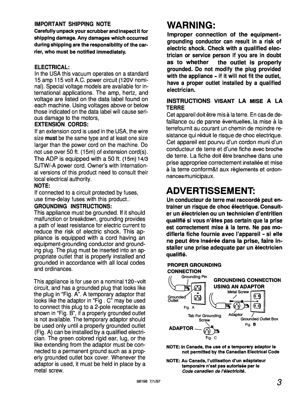 Windsor ADPJ manual Advertissement, Important Shipping Note, Electrical, Extension Cords, Grounding Instructions 