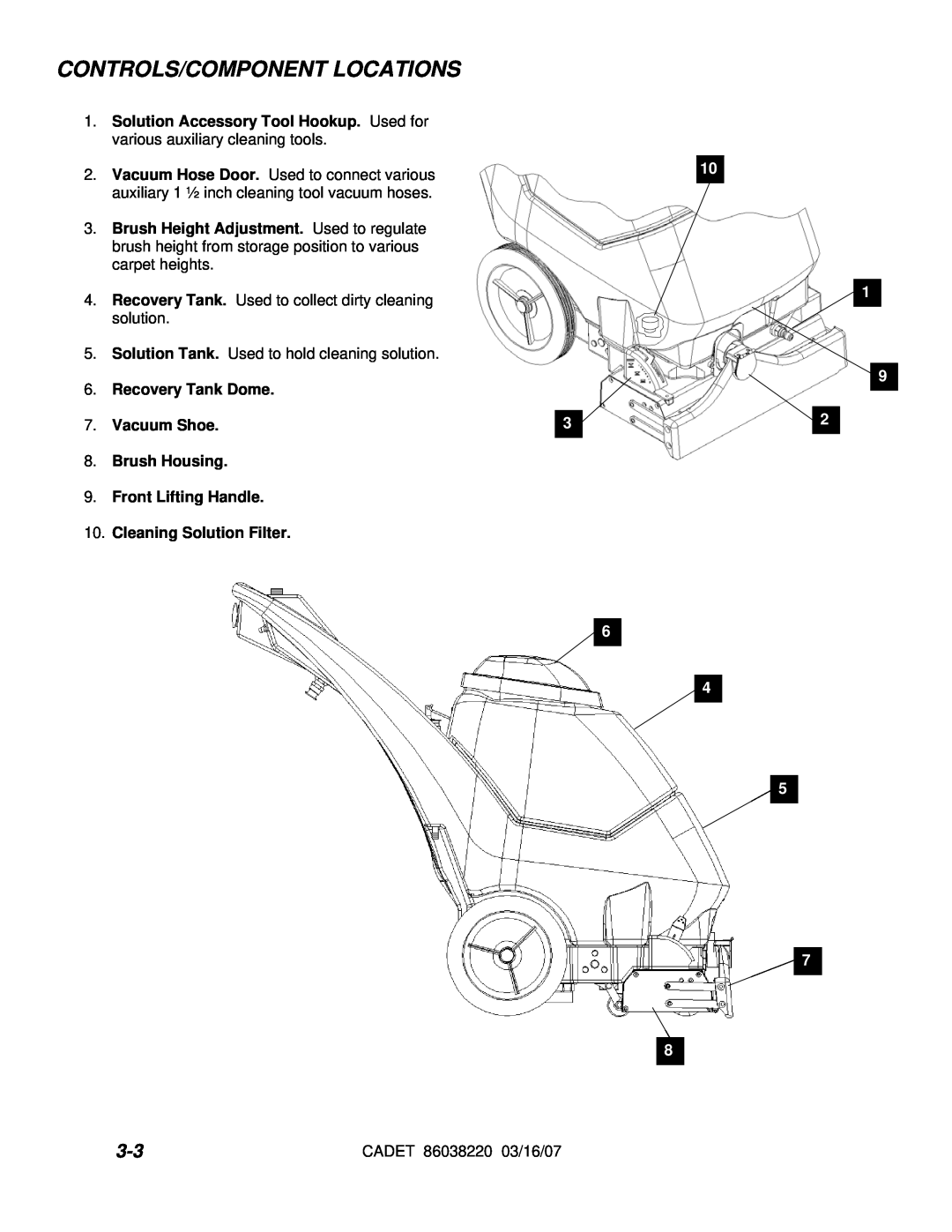 Windsor cdt7 10080220 manual Controls/Component Locations, Recovery Tank Dome 