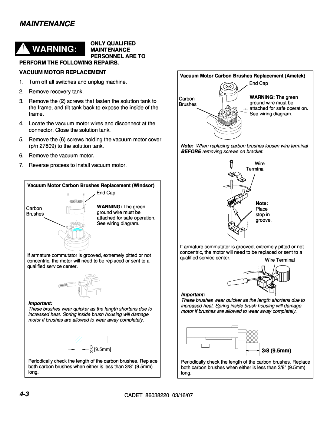 Windsor cdt7 10080220 manual Maintenance, Vacuum Motor Carbon Brushes Replacement Windsor, WARNING The green 