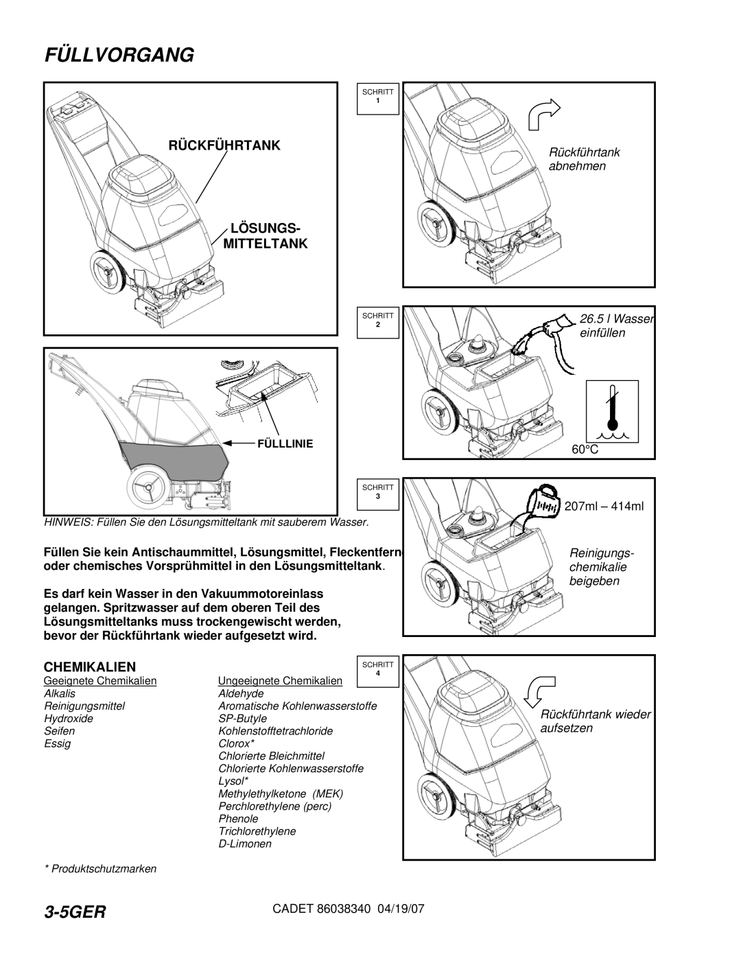 Windsor CDT7IE/10080070, CDT7IB/10080060, CDT7IS/10080080, CDT7IA/10080050 manual Füllvorgang, Filling the Cadet 