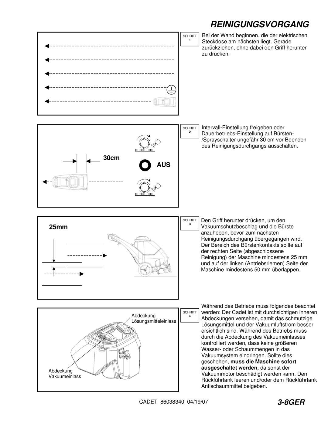 Windsor CDT7IA/10080050, CDT7IE/10080070, CDT7IB/10080060, CDT7IS/10080080 manual Reinigungsvorgang, 25mm 