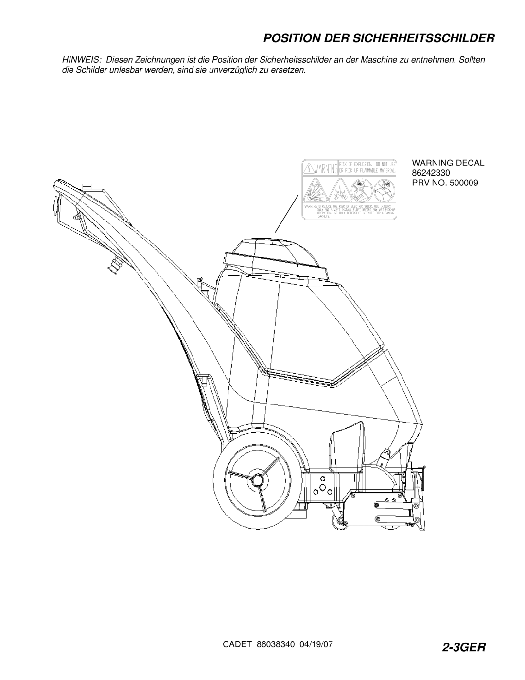 Windsor CDT7IA/10080050, CDT7IE/10080070, CDT7IB/10080060, CDT7IS/10080080 manual Position DER Sicherheitsschilder 