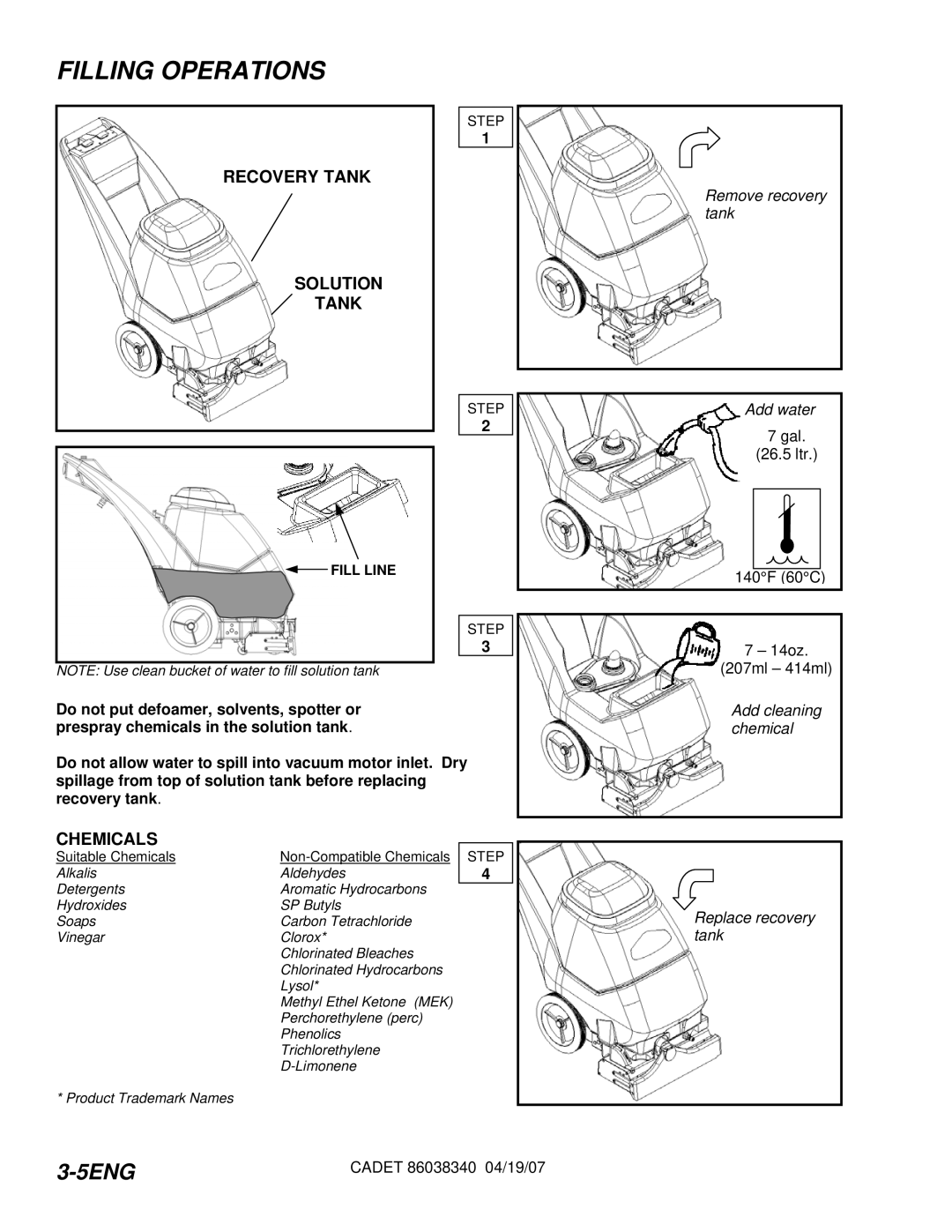 Windsor CDT7IB/10080060, CDT7IE/10080070, CDT7IS/10080080, CDT7IA/10080050 manual Filling Operations, Filling the Cadet 