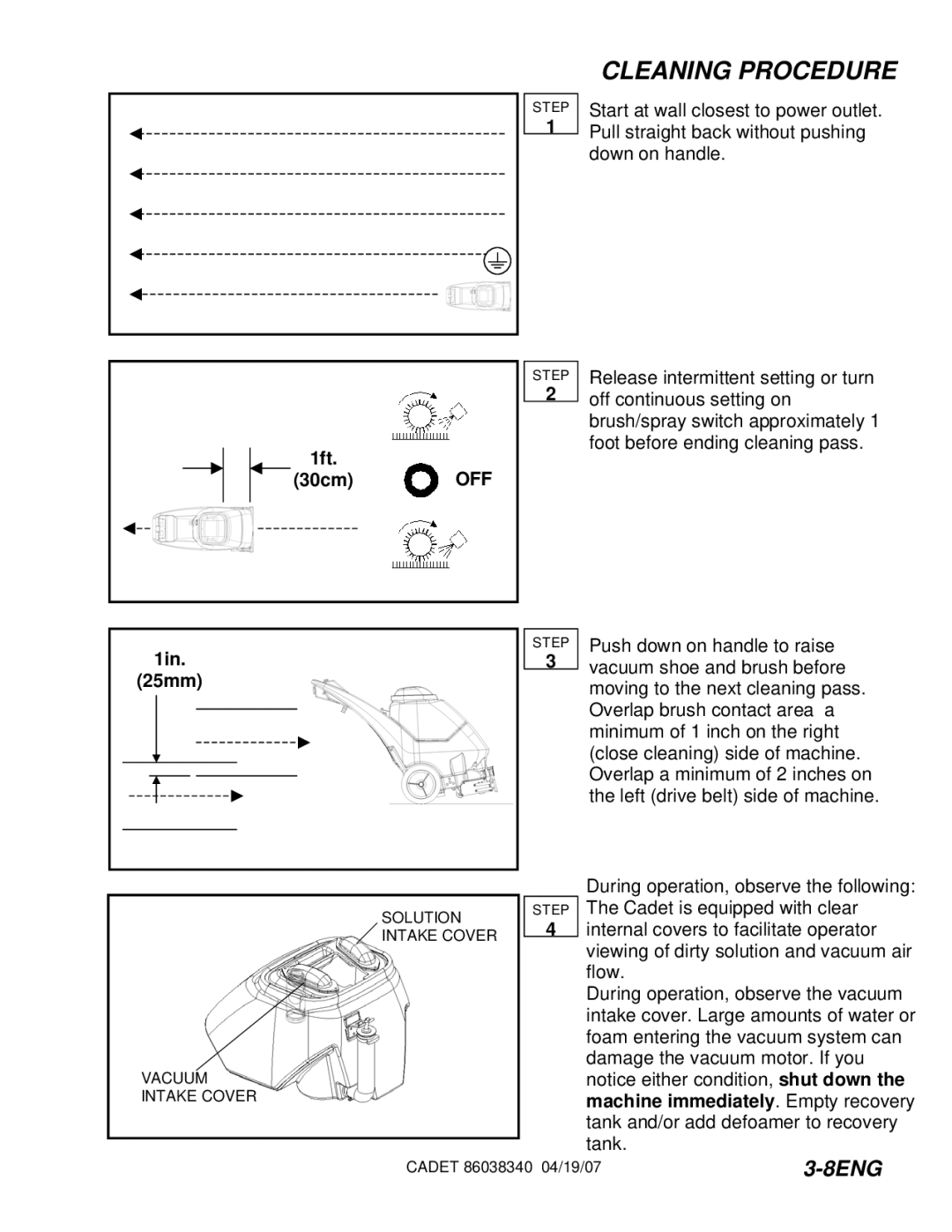 Windsor CDT7IE/10080070, CDT7IB/10080060, CDT7IS/10080080, CDT7IA/10080050 manual Cleaning Procedure, 1in 25mm 