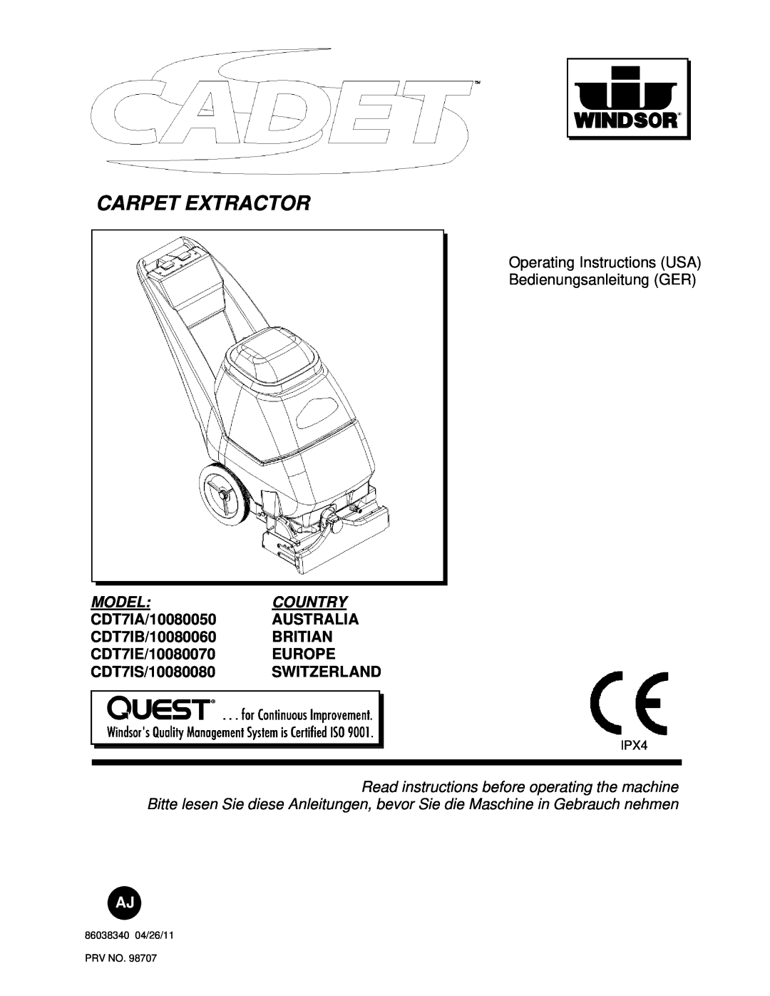 Windsor CDT7IE/10080070 manual Carpet Extractor, Model Country, CDT7IA/10080050 AUSTRALIA CDT7IB/10080060 BRITIAN 