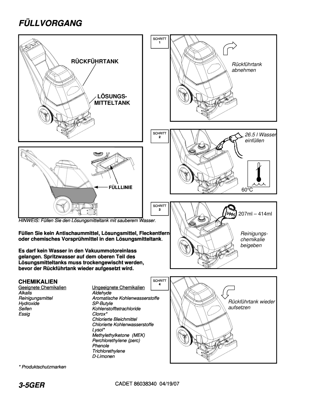 Windsor CDT7IE/10080070 manual Füllvorgang, 3-5GER, Rückführtank Lösungs Mitteltank, Filling The Cadet, Chemikalien 