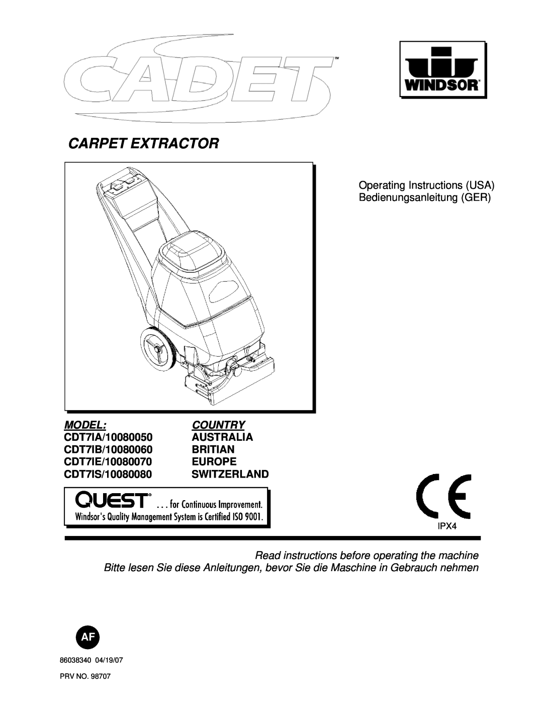 Windsor CDT7IB/10080060, CDT7IE/10080070, CDT7IS/10080080 manual Carpet Extractor, Model Country, 86038340 04/26/11 PRV NO 