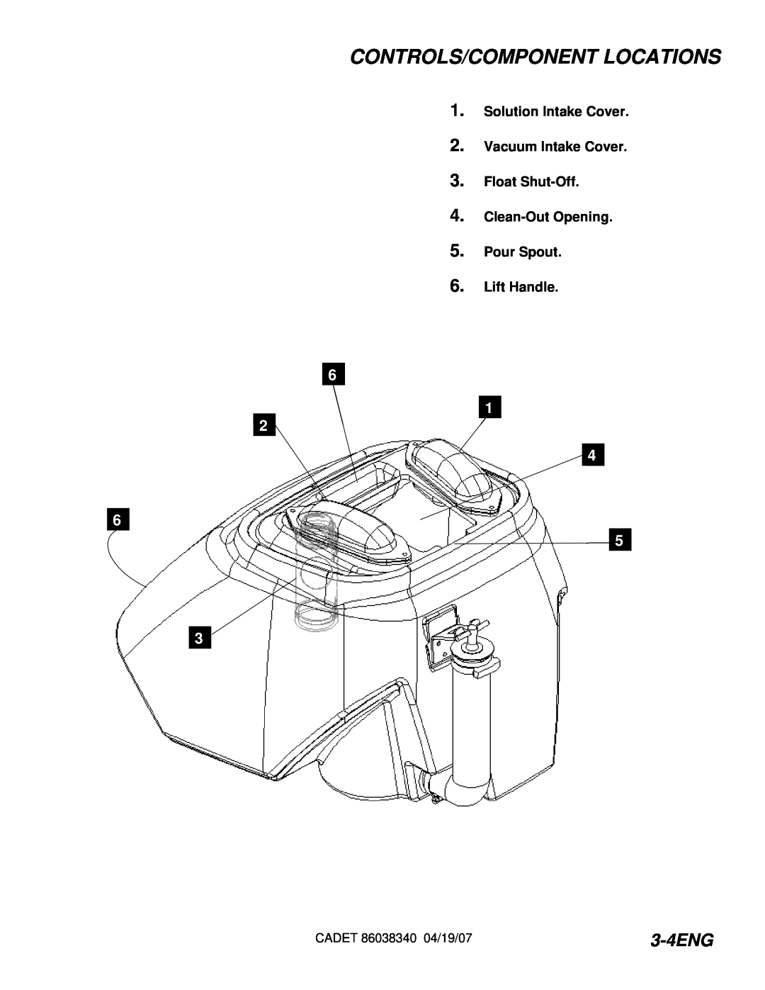 Windsor CDT7IE/10080070 3-4ENG, Controls/Component Locations, Solution Intake Cover 2.Vacuum Intake Cover, Lift Handle 