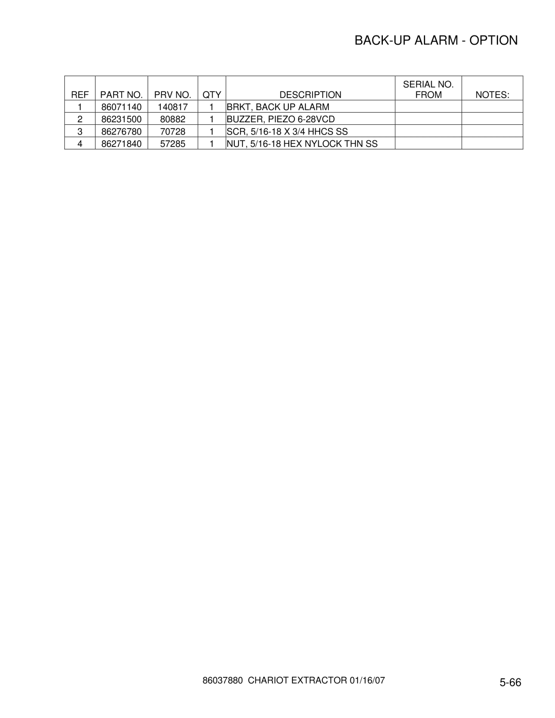 Windsor CE24X, CEE24, 86037880 manual BRKT, Back UP Alarm, BUZZER, Piezo 6-28VCD, NUT, 5/16-18 HEX Nylock THN SS 