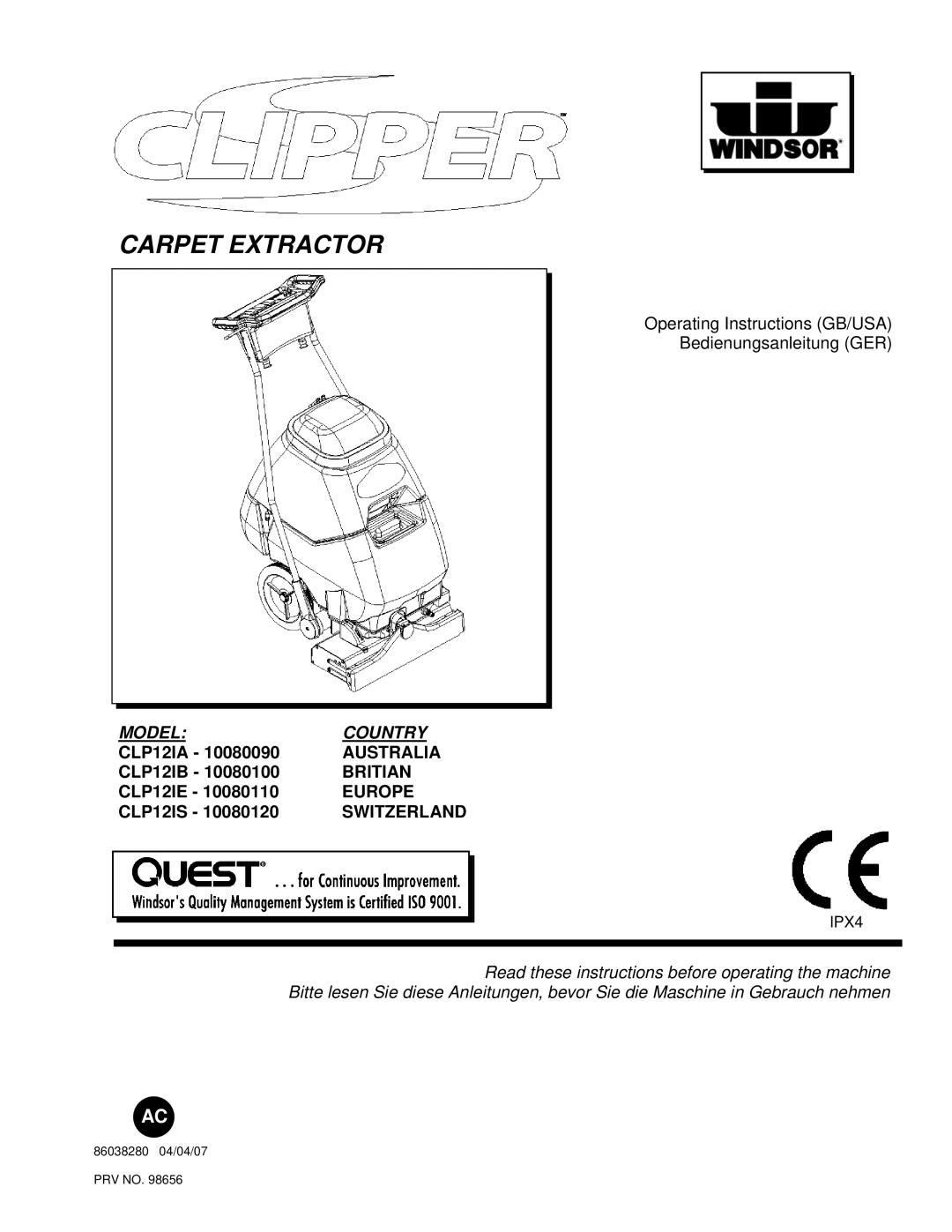 Windsor CLP12IE, CLP12IB, CLP12IA, CLP12IS manual Carpet Extractor 