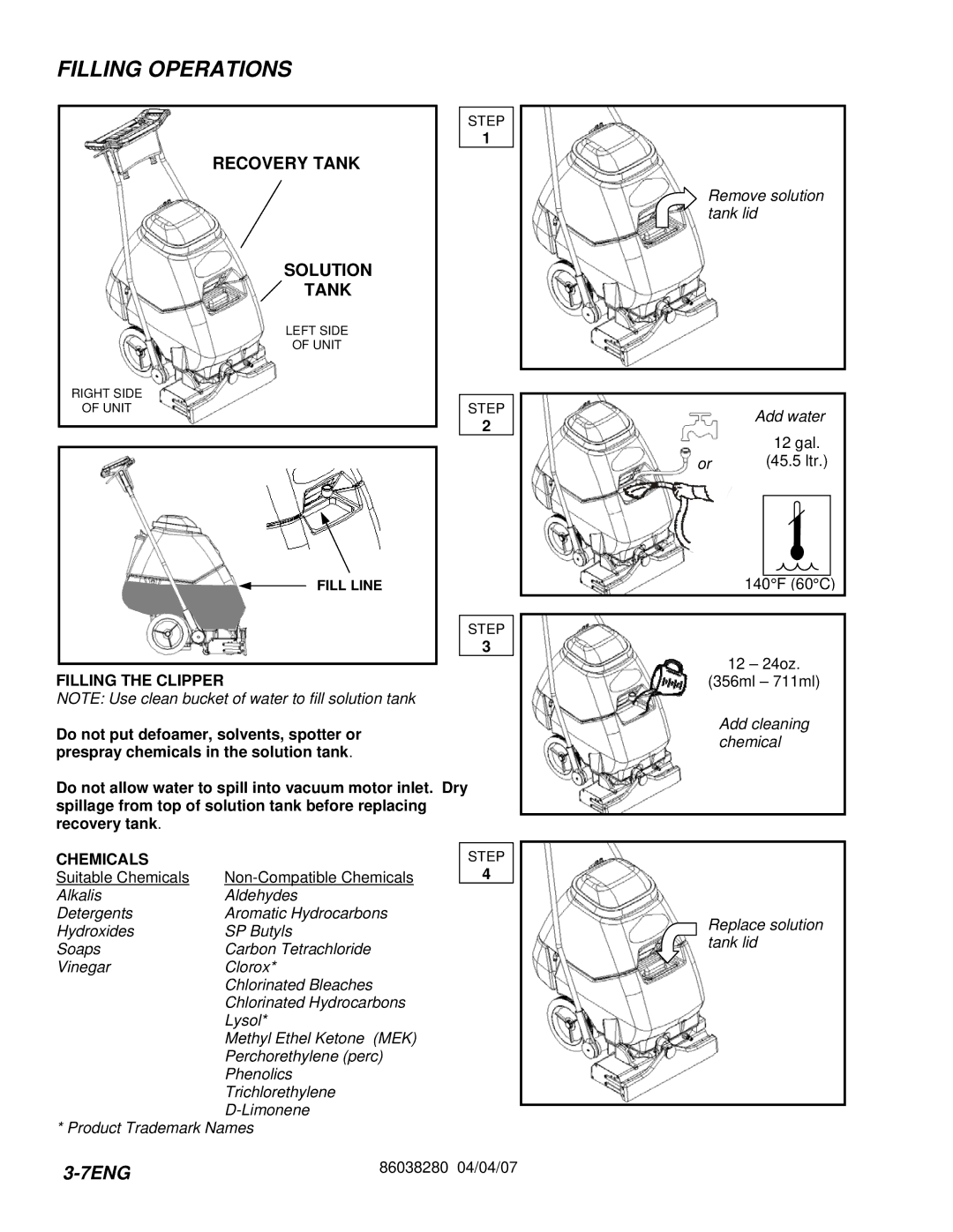 Windsor CLP12IA, CLP12IB, CLP12IE, CLP12IS manual Filling Operations, Filling the Clipper, Chemicals 