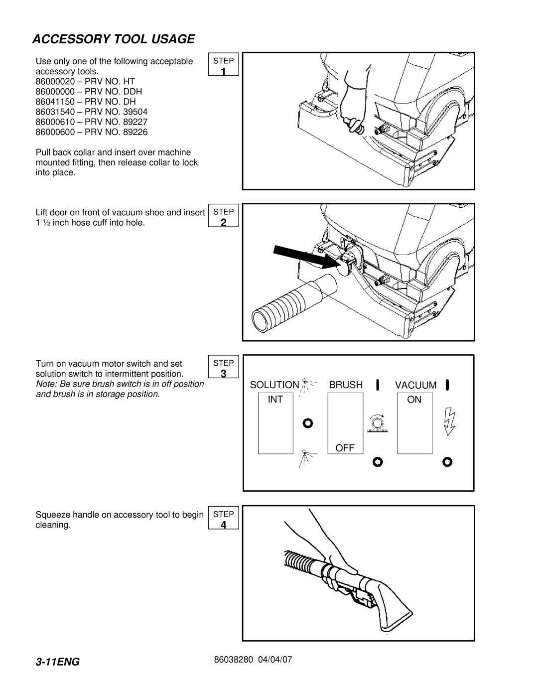 Windsor CLP12IA, CLP12IB, CLP12IE, CLP12IS manual Accessory Tool Usage 