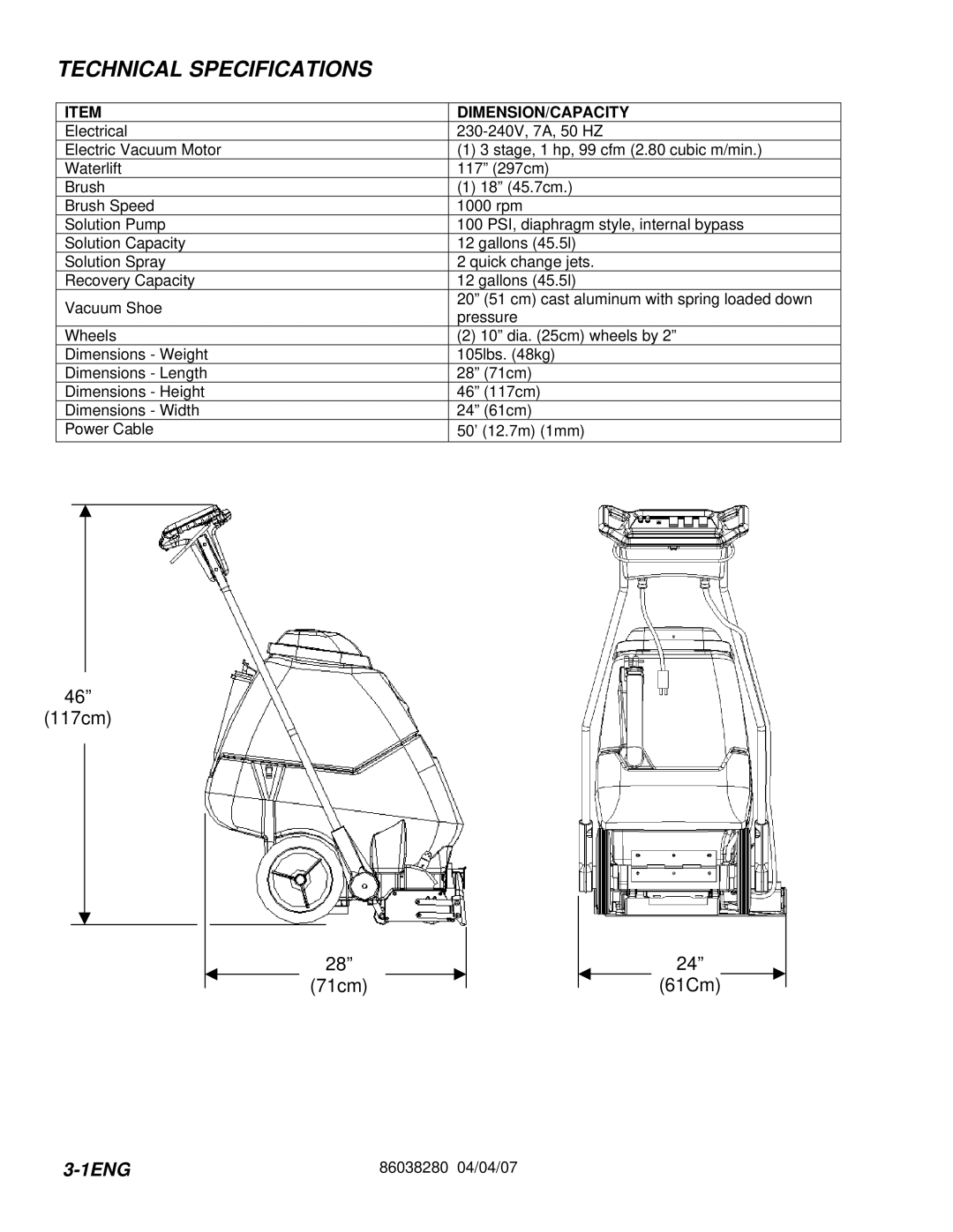 Windsor CLP12IB, CLP12IE, CLP12IA, CLP12IS manual Technical Specifications, Dimension/Capacity 