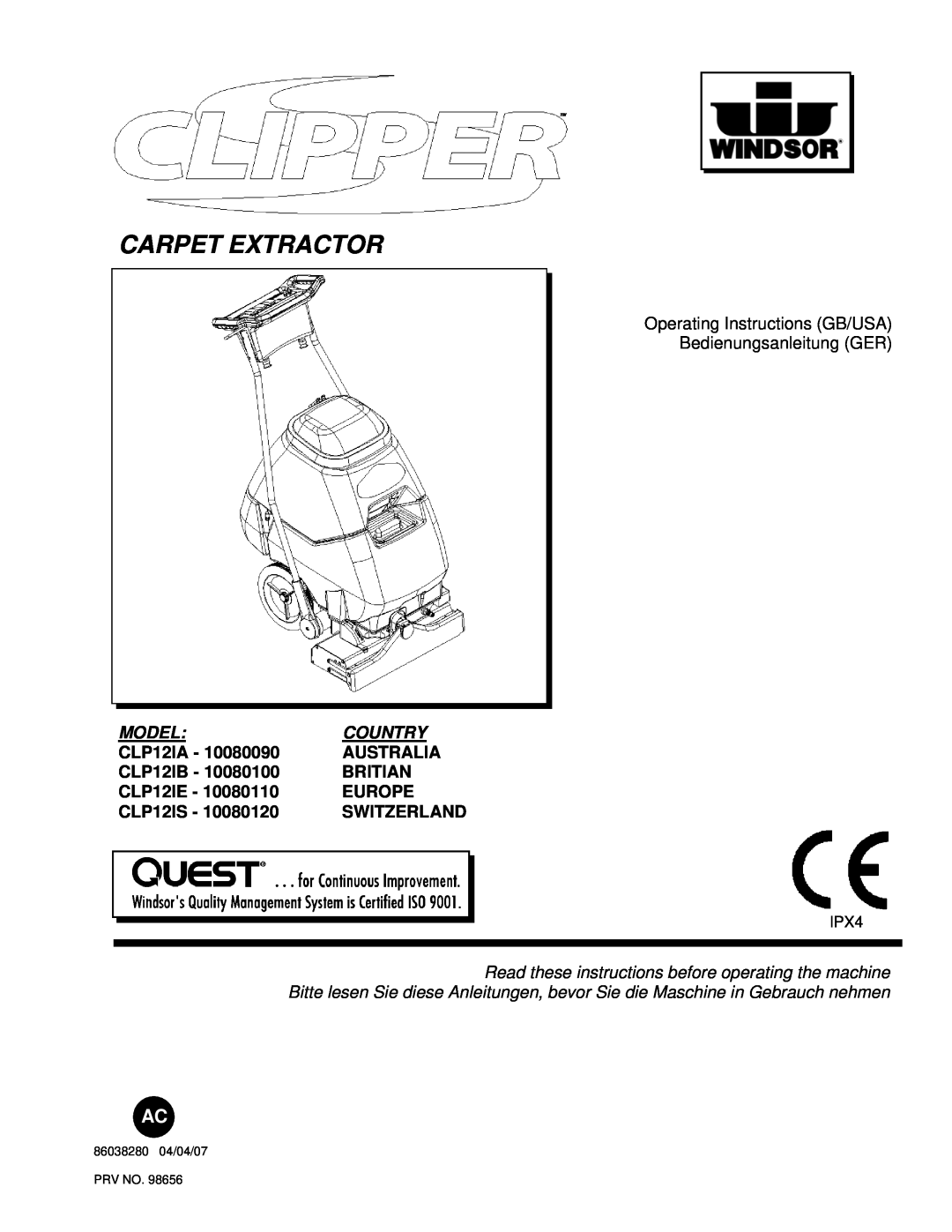 Windsor CLP12IE manual Operating Instructions GB/USA, Bedienungsanleitung GER, Model Country, CLP12IA - 10080090 AUSTRALIA 