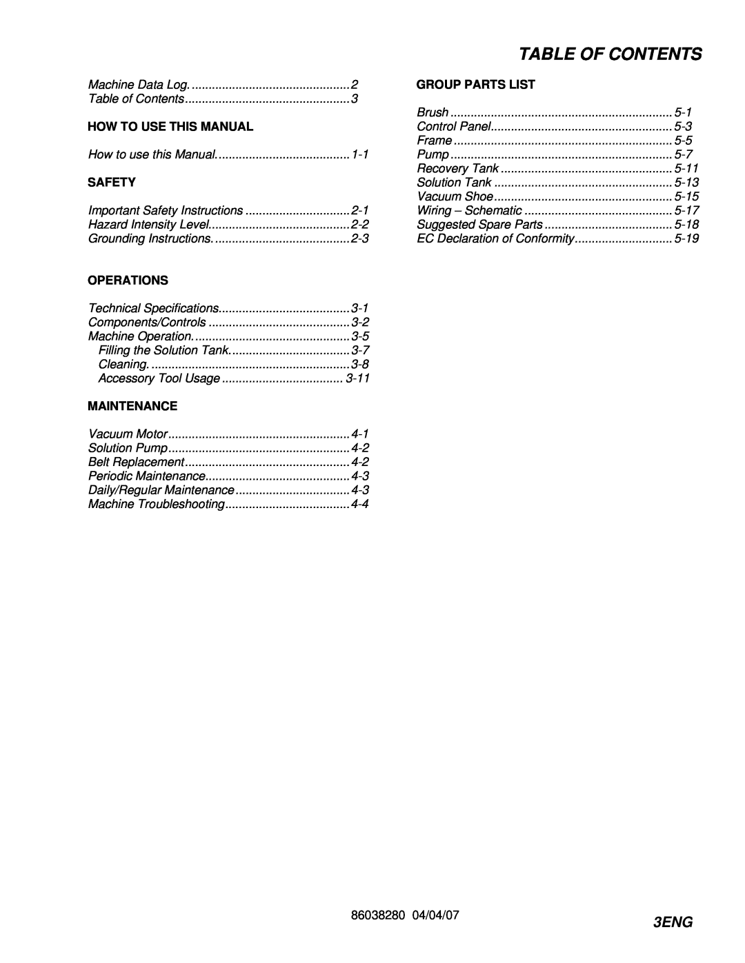 Windsor CLP12IS, CLP12IB, CLP12IE, CLP12IA manual 3ENG, Table Of Contents 