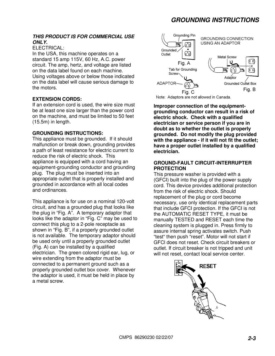 Windsor CMPSR 10070080, CMPS 10070050 manual Grounding Instructions, This Product is for Commercial USE only 