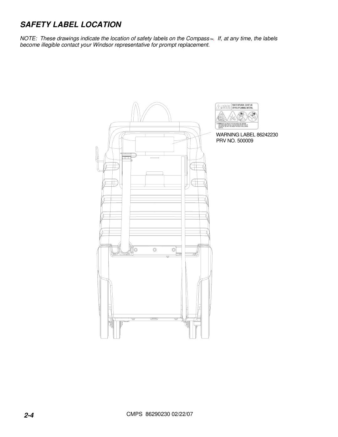 Windsor CMPS 10070050, CMPSR 10070080 manual Safety Label Location 